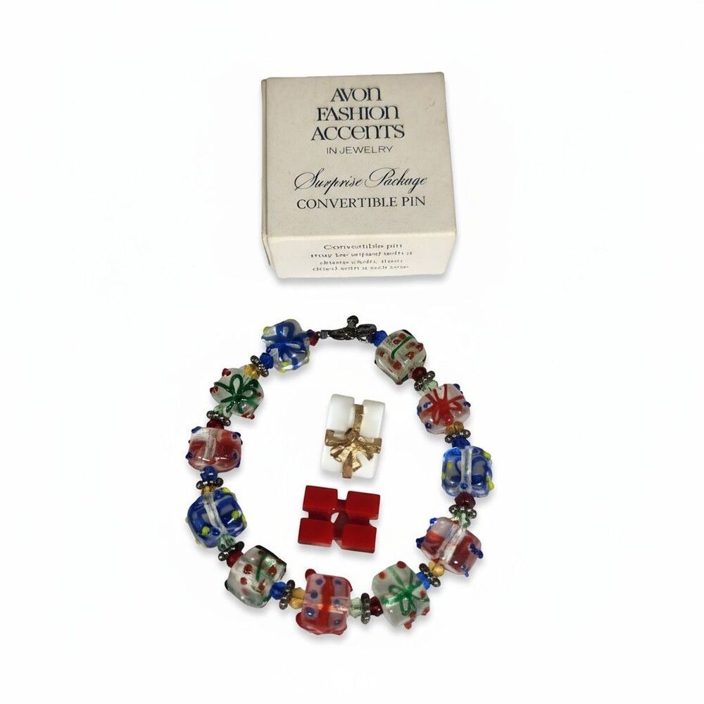 Set Christmas Gift Glass Bead Bracelet + Avon Surprise Package Convertible Pin